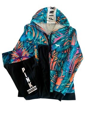 PINK Victoria's Secret Women's Hoodie Leggings Set XS Hawaiian Palm Blue Black
